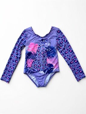 Girls' Long Sleeve Purple Leopard & Tropical One-Piece Swimsuit